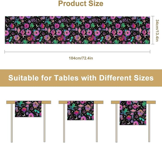 Gothic Star Moon Colorful Table Runner for Kitchen Living Room Home Party Boho Floral Table Runner 13x36 Inch
