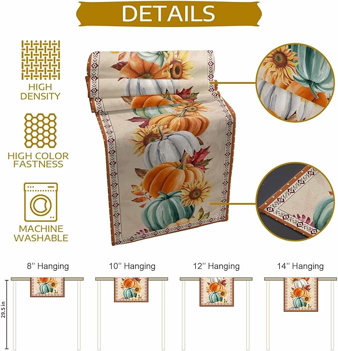 Fall Thanksgiving Southwest Cotton Linen Table Runner for Dining Kitchen, Orange Pumpkins Wedding Outdoor Party Rustic Tablerunners Decoration, Sunflower Dresser Scarf Tablecloth Runners 13x90 Inches