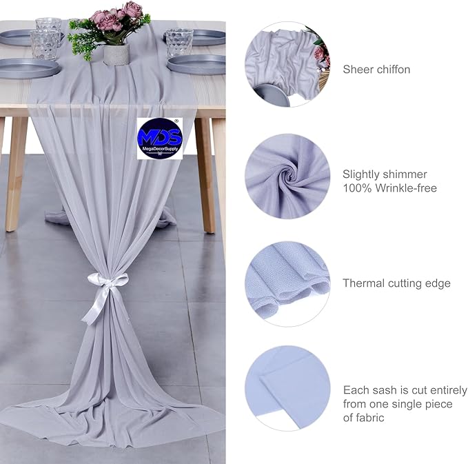 MDS Halloween Chiffon Table Runner - 20 Pack, 29 x 170 Inches, 14ft Each - Sheer Spooky Table Runners for Haunted House Parties, Trick-or-Treat Tables, Witchy Décor, Wedding & Events - Cool Gray