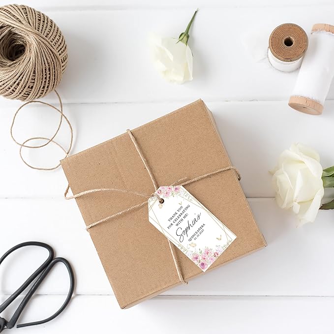 Andaz Press 40-Pack Personalized Quinceañera Favor Tags with String, Butterflies & Florals Custom Classic Thank You Gift Tags for Mis Quince Años XV 15th Birthday Favor Gifts, Decorations