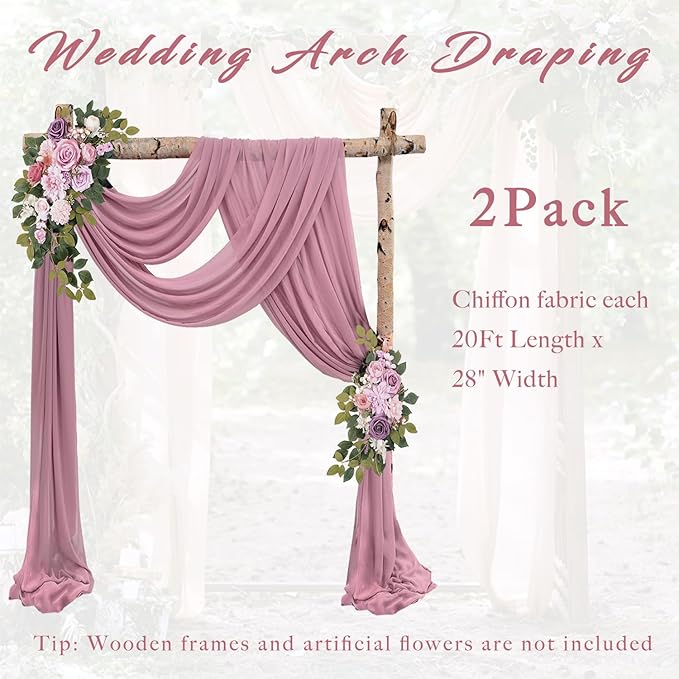 Wedding Arch Draping Fabric, Dusty Rose Chiffon, 2 Panels 20 Ft Long
