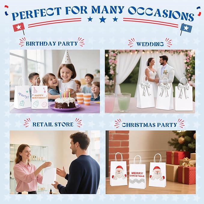 Gift Bags 300 Pack White Kraft Paper Bags with Handles, 8 Inch Tall