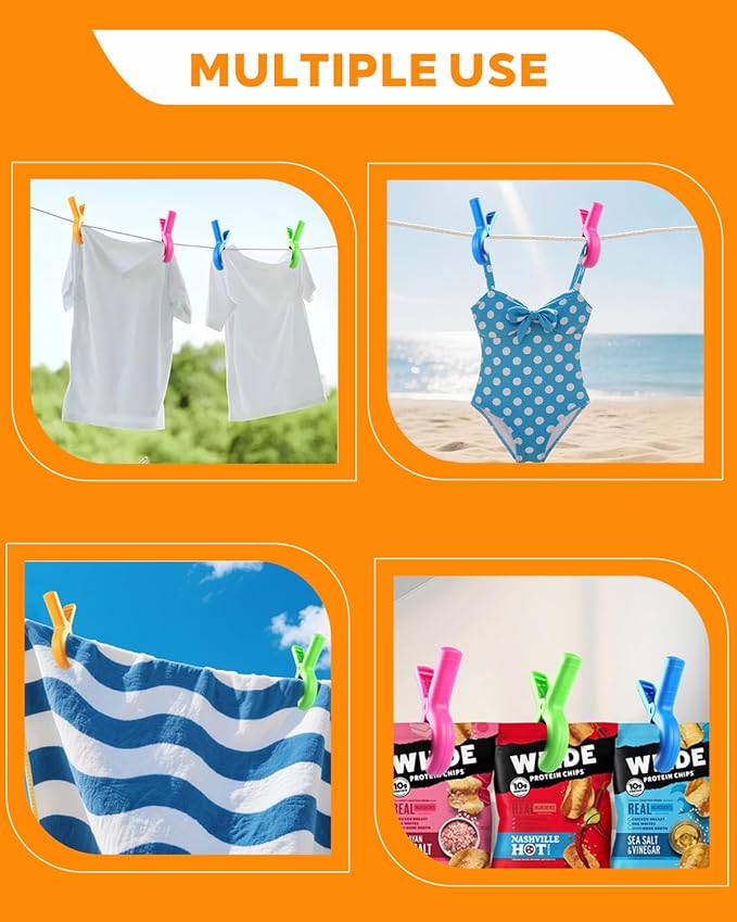 12 Pcs Beach Towel Clips for Beach Chairs, 3.7 Inch Clothes Pins for Cruise & Pool, Windproof Chair Clips for Towel Holder, 4 Colors