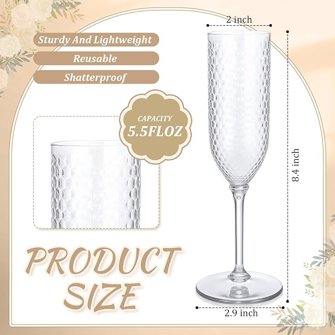 Champagne Glasses, 24 Clear Plastic Flutes with Diamond Pattern