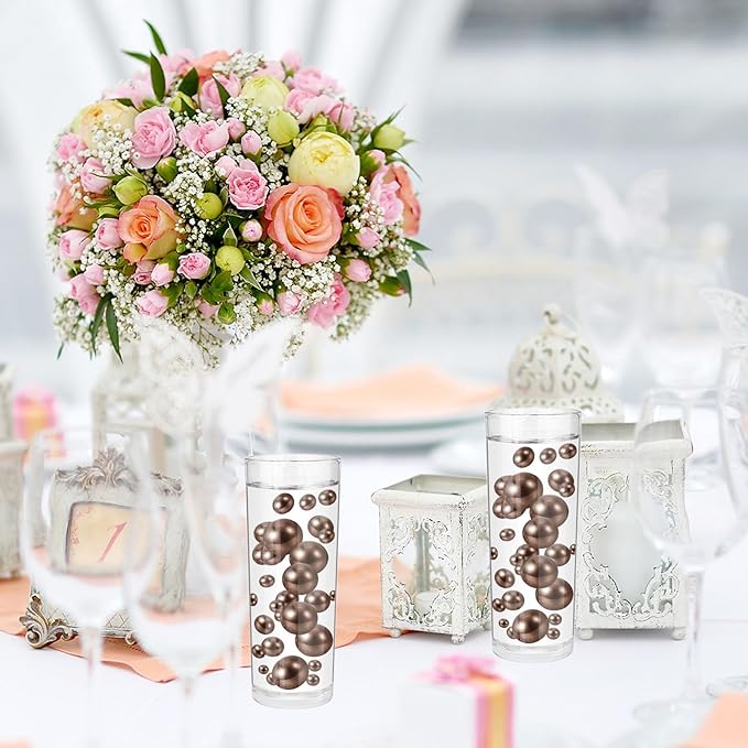 Vase Fillers: 100 Plastic Faux Pearls in Coffee, 3 Sizes, No Hole