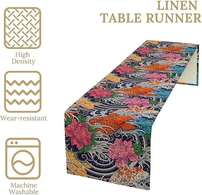 Japanese Retro Flowers Table Runner Oriental Tradition Kio Fish Art Printed Burlap Runner Home Kitchen Dining Table Living Room Decor Fabric 1 Panel W13xL108in