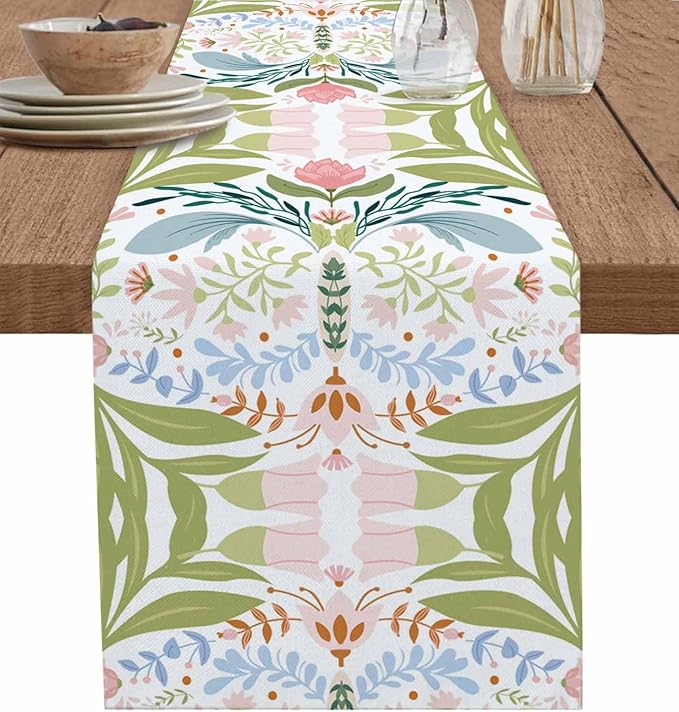 Green Blue Pink Boho Floral Cotton Linen Table Runner for Dining Kitchen, Wedding Outdoor Party Tablerunners Decoration, Retro Bohemian Botanical Dresser Scarf Coffee Tablecloth Runners 13x36 Inches