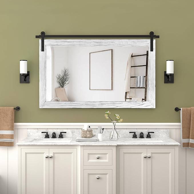 COGOOD Farmhouse Barn Door Mirror - 41" x 26" Rustic Wood Framed Wall Mirror for Bathroom, Living Room, Bedroom Wall Decor (White)