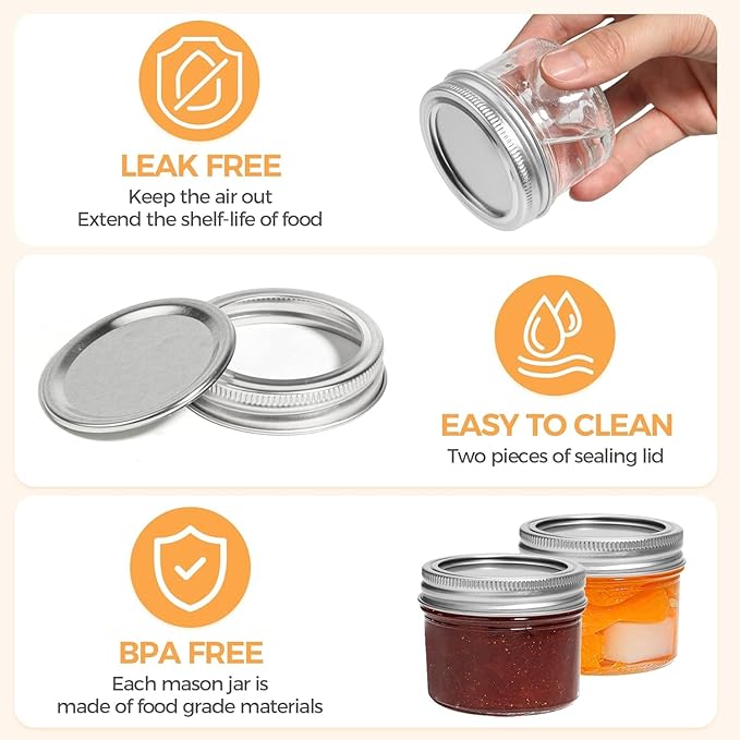 ComSaf Small Regular Mouth Mason Jars 4 oz, 24 Pcs Mini Mason Containers, Small Canning Jars, 4 oz Glass Jar with Lids for Mustards, Dipping Sauces, Jelly, DIY Candle Decor, Wedding Shower Favors