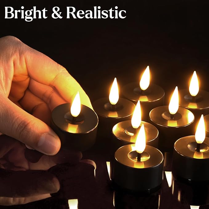 Flameless Tealight Candles, Black with Warm White LED Glow and Timer