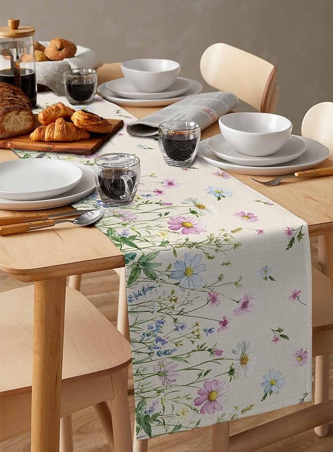 Vintage Wildflowers Cotton Linen Table Runner for Dining Kitchen, Wedding Outdoor Party Tablerunners Decoration, Farm Floral Pink Botanical Plants Dresser Scarf Coffee Tablecloth Runners 13x60 Inches