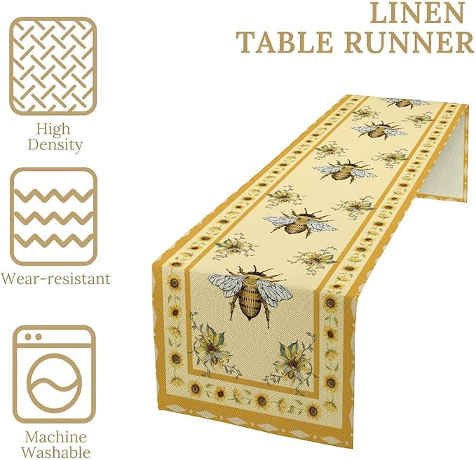 Honey Bee Table Runner, Farmhouse Yellow Sunflower Retro Summer Linen Tables Runners for Kitchen Dining Table Home Party Decor, 13x36inch