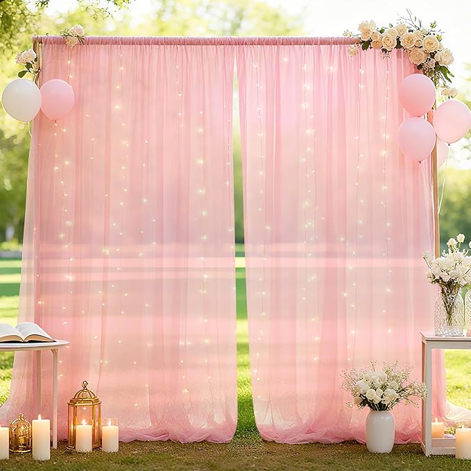 10×10ft Tulle Backdrop Curtains with Lights String - 300LED Fairy Lights Sheer Curtain Backdrop for Weddings Baby Shower and Birthday Party Decorations(8 Panels 5×10ft)