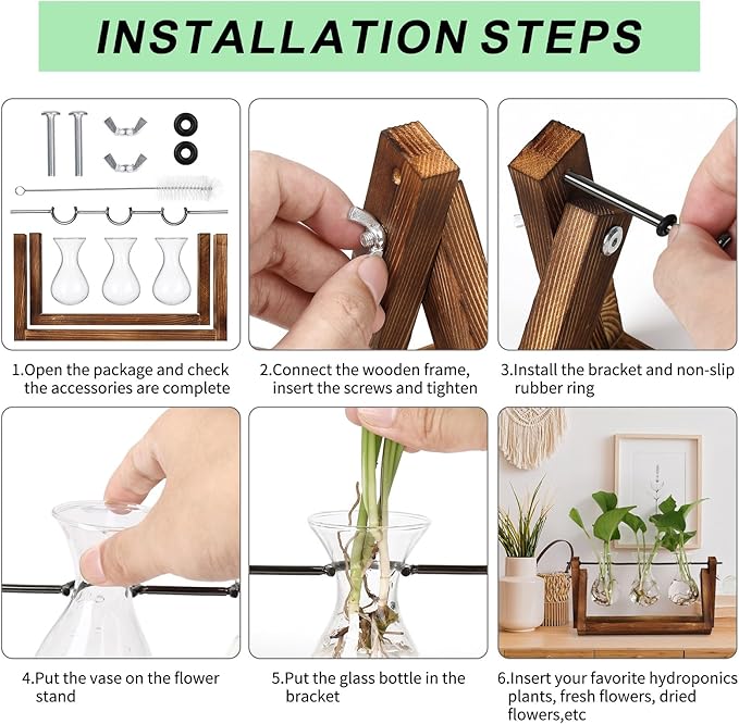 YIBOT Propagation Stations,Plant Terrarium with Retro Wooden Stand, Unique Gardening Birthday Gifts for Women Plant Lovers, Hydroponics Plants Home Office Garden Decor - 3 Bulb Glass Vases