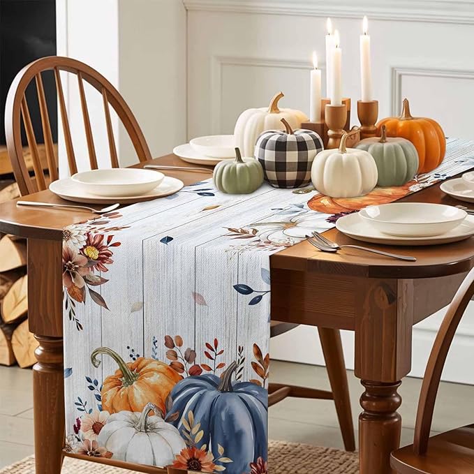 Thanksgiving Fall Cotton Linen Table Runner for Dining Kitchen, Pumpkins Eucalyptus Wedding Outdoor Party Tablerunners Decoration, Farmhouse Wooden Dresser Scarf Coffee Tablecloth Runners 13x72 Inches
