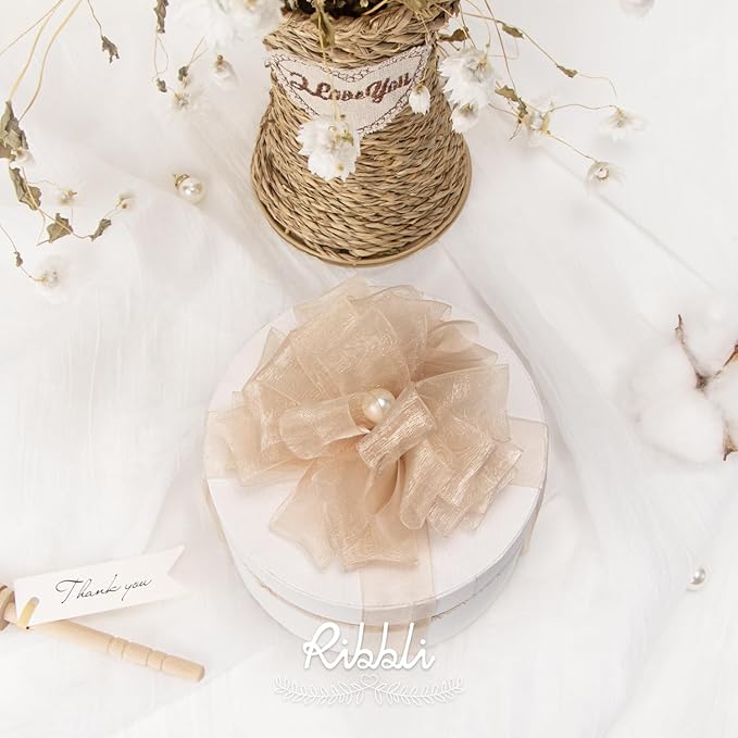 Ribbli Champagne Organza Ribbon,1 Inches x Continuous 50 Yard, Champagne Sheer Ribbon for Gift Wrapping,Cookie Wrapping,Wedding Decoration,All Crafting and Sewing
