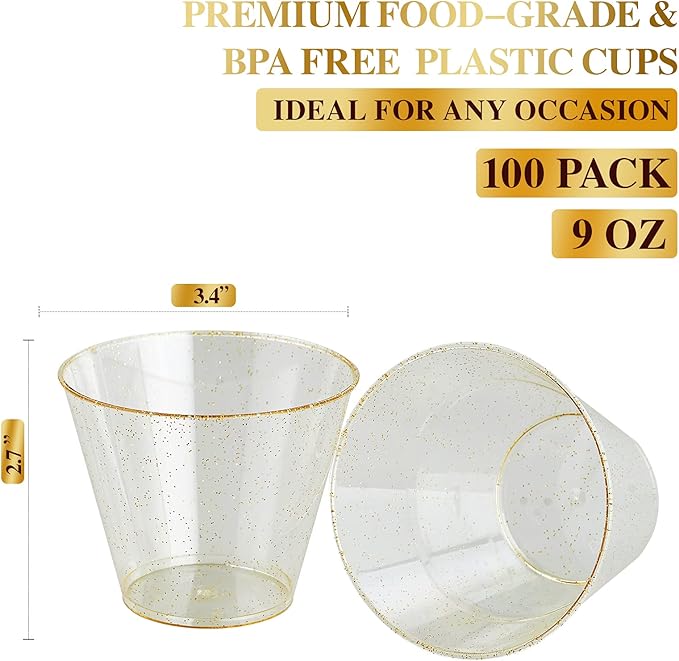 Disposable Party Cups, 9 oz Gold Glitter, 100 Pack