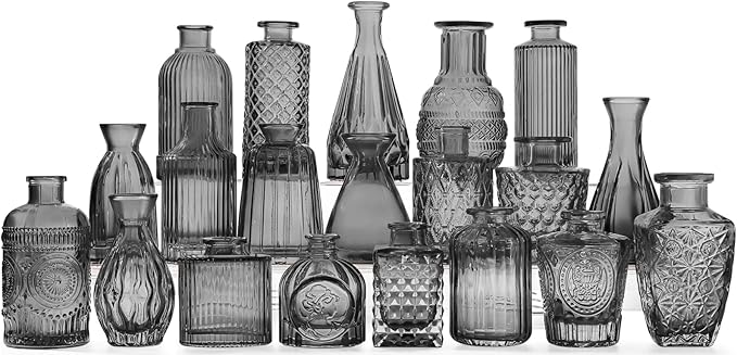 20 Pcs Black Glass Bud Vases- Set Gray Small Vases for Flowers, Vintage Style Cute Glass in Bulk for Centerpieces Rustic Decorative Flower Wedding Table Home Decor