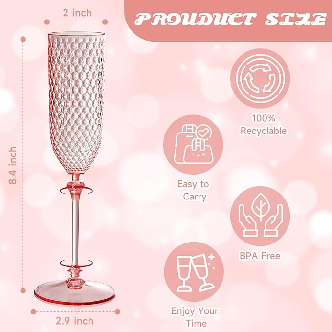 Champagne Glasses, 48 Pack Pink Detachable Plastic Flutes