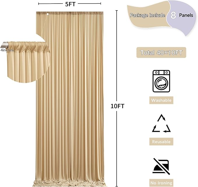 Backdrop Curtain Set, Beige Wrinkle-Free Polyester, 8 Panels 5 x 10 ft