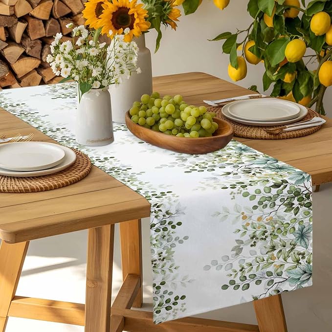 Sage Green Eucalyptus Cotton Linen Table Runner for Dining Kitchen,Farmhouse Leaves Botanical Floral Wedding Outdoor Party Tablerunners Decoration Dresser Scarf Coffee Tablecloth Runners 13x108 Inches