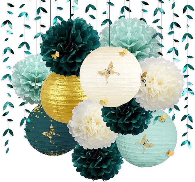 Banners Green and Gold Party Decor Kit, 41 Pieces with Paper Lanterns