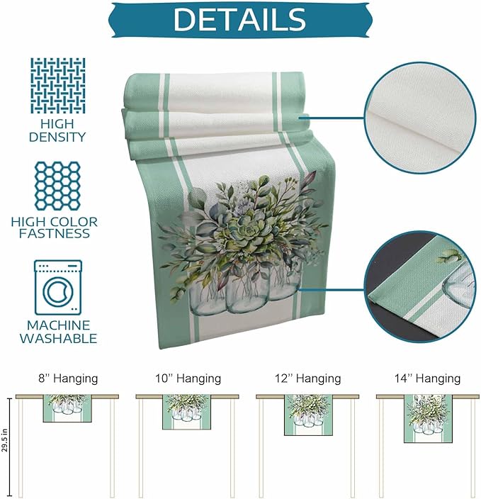 Eucalyptus Cotton Linen Table Runner for Dining Kitchen, Wedding Outdoor Party Tablerunners Decoration, Green Leaves Botanical Plants Watercolor Dresser Scarf Coffee Tablecloth Runners 13x48 Inches