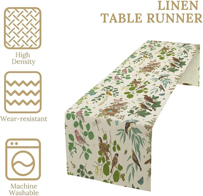Vintage Bird Flower Table Runner Seasonal Spring Summer Garden Plants Farmhouse Country Kitchen Dining Table Decoration for Home Party Holiday 13"x90"