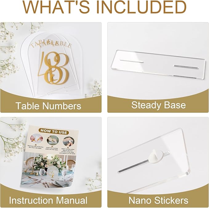 Wedding Table Numbers 1-20 Clear Acrylic Seating Number Signs for Weddings Reception Anniversary Party Decor Seat Number for Tables with Elegant Gold Lettering