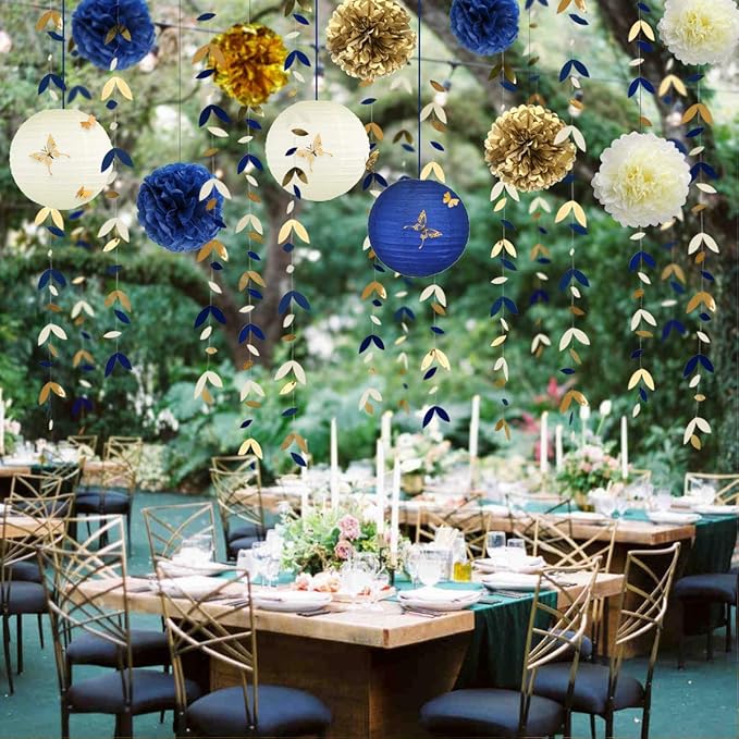 Banners Party Decor Kit in Navy Blue and Gold, 40 Pieces, Paper Lanterns