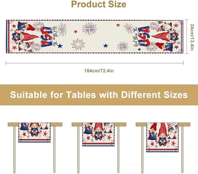 Cute Patriotic Gnomes Table Runner, American Independence Day 4th of July Gnome Blue Red Fireworks Confetti Print Table Runner for Home Kitchen Dining Table Party Decor, 13x70inch