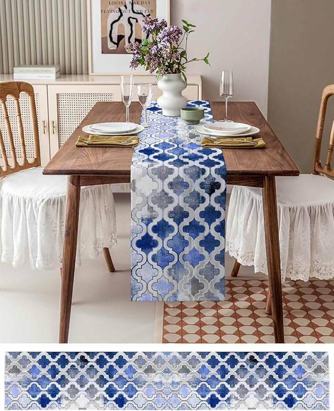 Blue Morocco Plaid Cotton Linen Table Runner for Dining Kitchen, Wedding Outdoor Party Tablerunners Decoration, Distressed Abstract Painted Vintage Dresser Scarf Coffee Tablecloth Runners 13x36 Inches