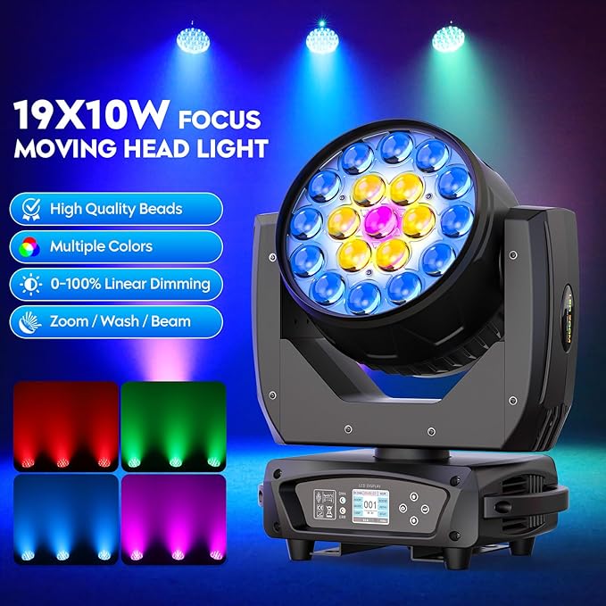 19x10W Moving Head Light Focusing/Beam/Wash/Zoom Effect Stage DJ Lights 4-in-1 LED DMX512 & Sound Activated Control for DJ Disco Nightclub KTV Bar Theater Shopping Mall