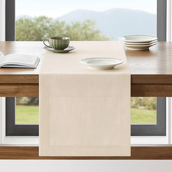 ZeeMart Linen Textured Border Table Runner, 14 x 48 Inch Cream, Farmhouse Style Cream Table Runners 48 Inches Long, Easy Care Everyday Polyester Table Runner