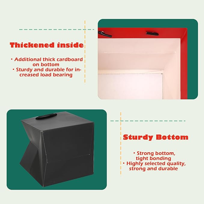 Gift Bags, 12x12 Inch Black Square Bottom Paper Bags with Handles, Pack of 10