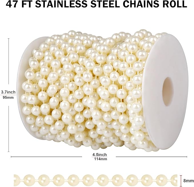 Beaded Trim Garland, Ivory 8mm Pearl Beads, 47 Ft Spool for Crafts
