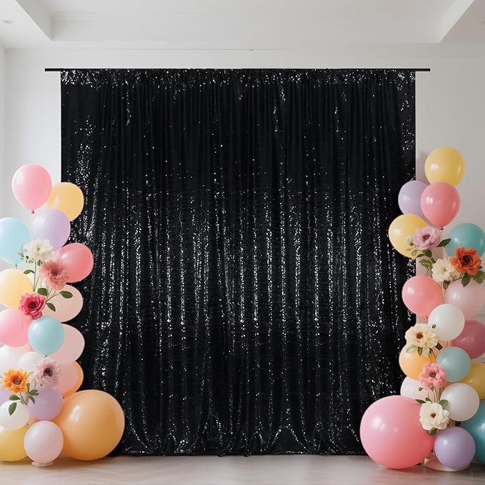 SquarePie Sequin Backdrop Less See Through Thick Stain Background Glitter Curtain Halloween Party 8FT x 8FT Black