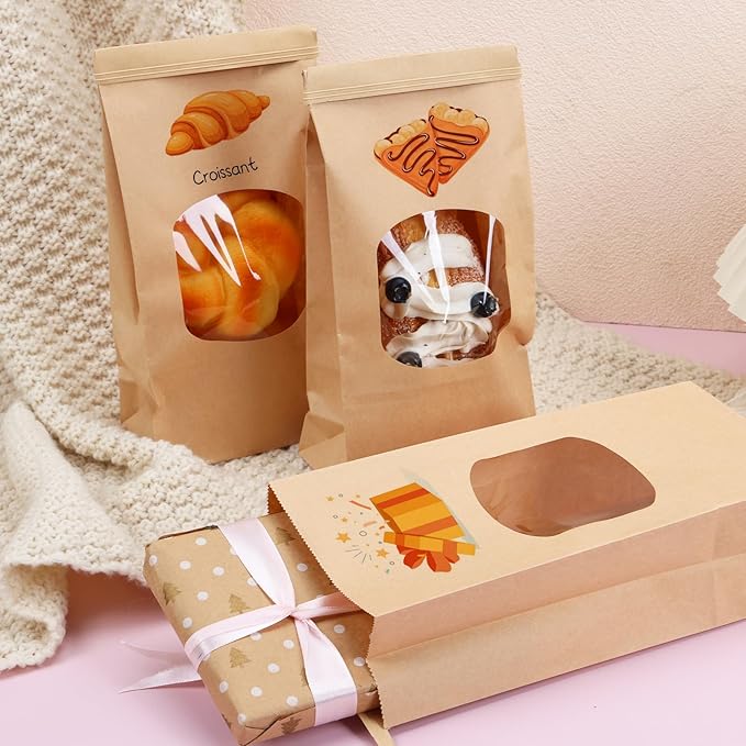 Moretoes 100pcs Medium Bakery Cookie Bags with Window, 4.5x2.36x9.6in Tin Tie Tab Kraft Paper Bags for Cookie Coffee Bread Bakery Packing