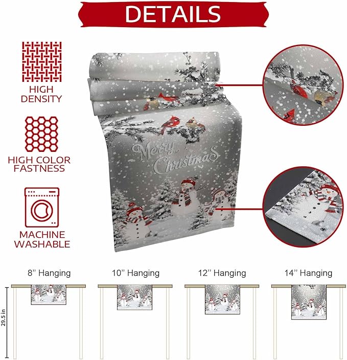Christmas Snowman Cotton Linen Table Runner for Dining Kitchen, Snowflakes Xmas Pine Tree Wedding Outdoor Party Tablerunner Decoration Winter Bird Dresser Scarf Coffee Tablecloth Runners 13x36 Inches