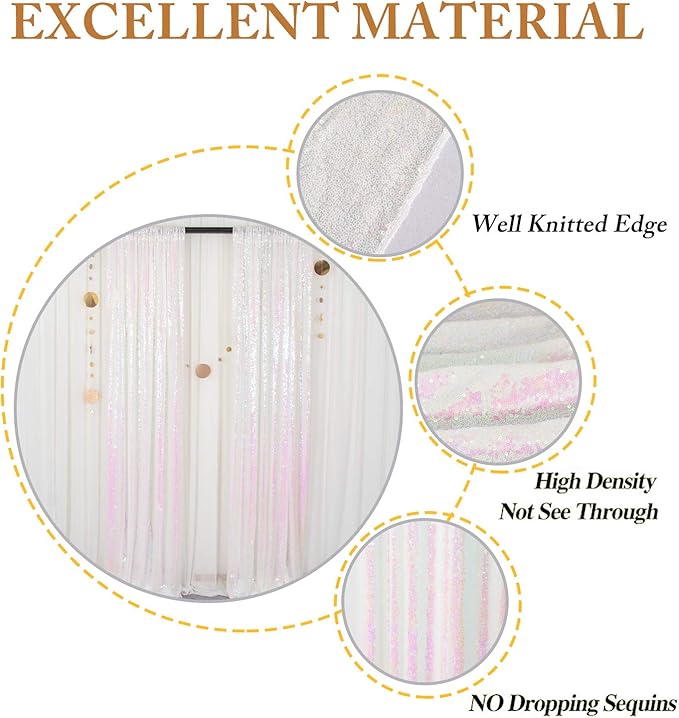 ShinyBeauty Sequin Backdrop 4 Panels White Sequin Curtains Photo Backdrop Shimmer Backgrounds for Christmas, Wedding, Studio Photography, Iridescent Party Curtains (2FTx8FT,Iridescent White)