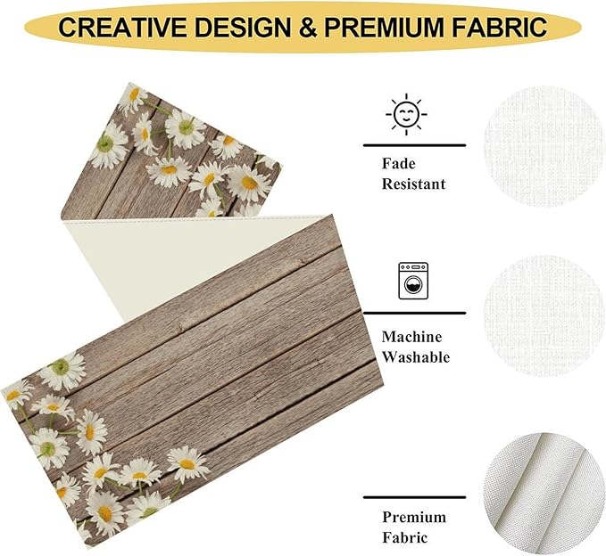 Daisy Floral Table Runner, Farmhouse Spring Seasonal Summer Teal Green White Flower Rustic Abstract Table Center Decor for Home Kitchen Dining Holiday Party Indoor Table Decorations, 13"x90" Inch