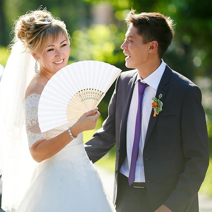 Aneco 48 Pieces Handheld Paper Fans Paper Folding Fans with Bamboos for Wedding Gift, Party, Home, DIY, White