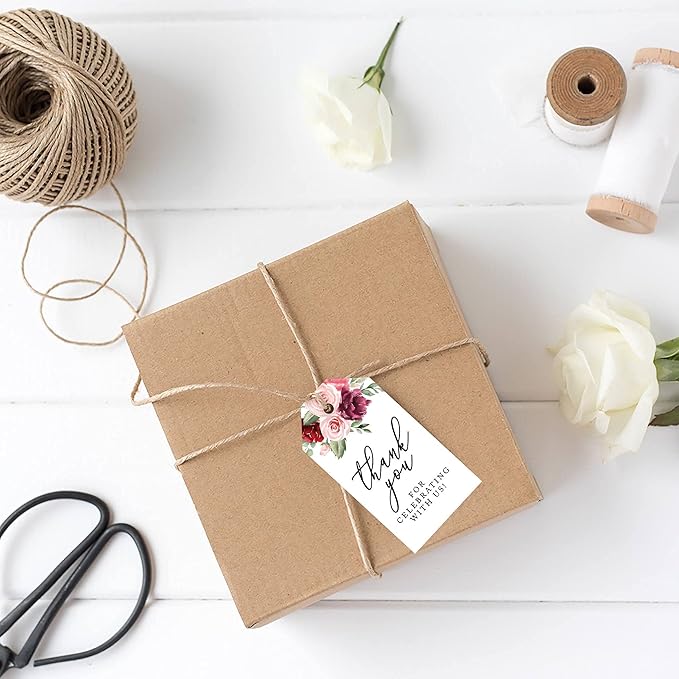Andaz Press 100-Pack Thank You for Celebrating with Us Favor Tags Pink Burgundy Florals Cardstock Gift Tags with Bakers Twine for Wedding Baby Shower Bridal Shower Party Favors 2 x 3.75-Inches