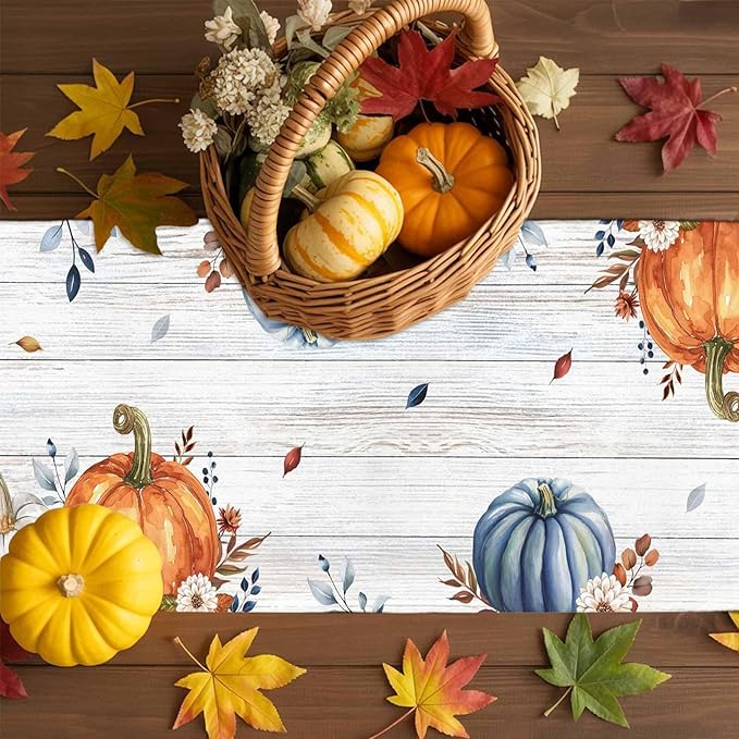 Thanksgiving Fall Cotton Linen Table Runner for Dining Kitchen, Pumpkins Eucalyptus Wedding Outdoor Party Tablerunners Decoration, Farmhouse Wooden Dresser Scarf Coffee Tablecloth Runners 13x48 Inches