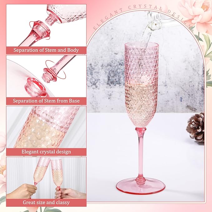 Champagne Glasses 48 Pack, 5.5 oz Pink Plastic Flutes with Detachable Stems