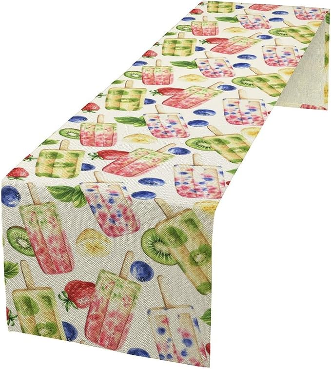 Ice Cream Table Runner, Watercolor Fruit Ice Popsicles Berry Kiwi Cold Summer Desserts Seasonal Dinner Runner for Party Holiday Home Kitchen Dining Table Decor 13"x70"