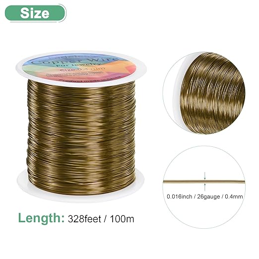 0.4mm Jewelry Wire, 26 Gauge 328FT Craft Wire Copper Beading Wire for Jewelry Making/Planting/Weaving/DIY Crafting, Soft Metal Wires [100M, Bronze Tone]