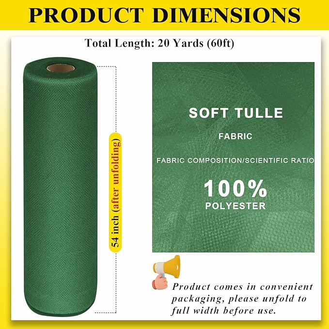 54" by 20 Yards Tulle Fabric Rolls Tulle Ribbon Tutu Spool Bolt for DIY Wedding Decoration Baby Shower Tutu Skirt Gift Wrapping Large Matte Fabric, Roll Packaging (Hunter Green)