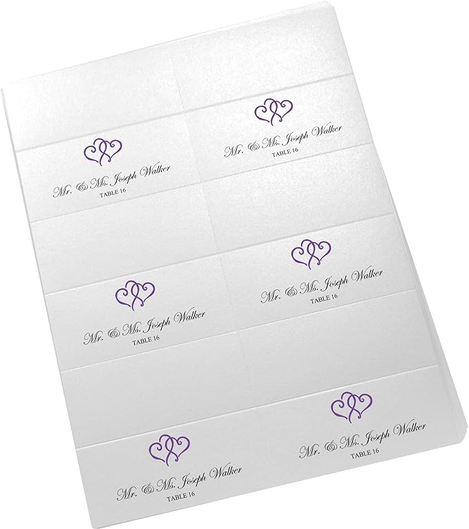 Linked Hearts Printable Place Cards, Purple (Choose Color), Set of 60 (10 Sheets), Laser & Inkjet Printers - Wedding, Party, Dinner, and Special Events - Made in the USA
