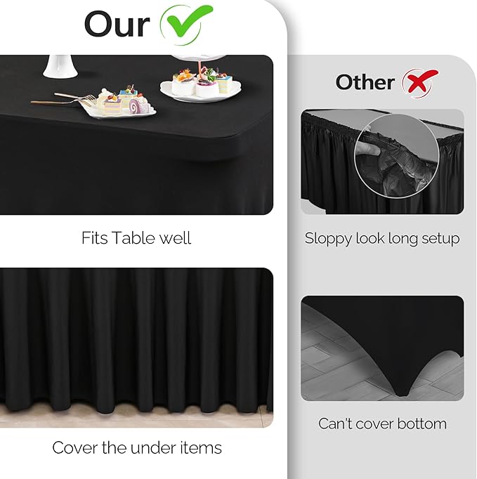 Wish Care 2 Pack Black Spandex Table Cloths - Fitted, Wrinkle Free, 6ft Rectangle Table Cover for Party, Banquet, Wedding & Events